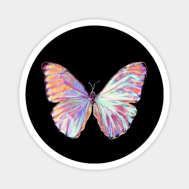 Iridescent Butterfly Drawing - Pink Shiny Morpho Butterfly Hyperrealism Pencil Art Magnet by leiriin